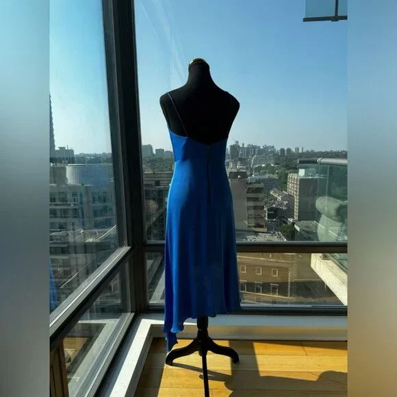 🆕 ALICE + OLIVIA 🧿 NWT Alita Spaghetti Strap Drape Asymmetrical Dress Blue Sz4 - Picture 13 of 16